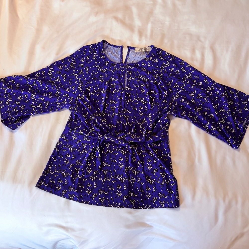 Kasper Royal Blue Leaf Print Tie Waist Bell Sleeve Blouse Size L